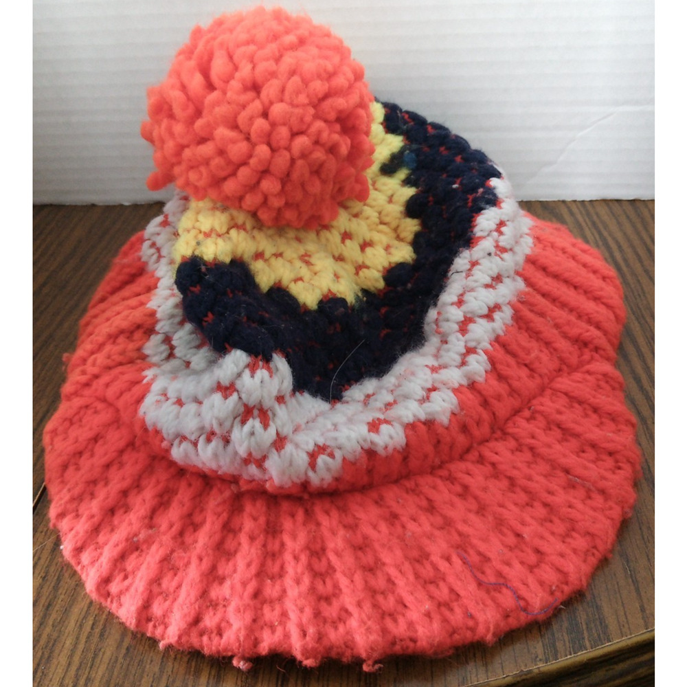 Handmade Vintage 80's Red White Black And Yellow Knit Hat